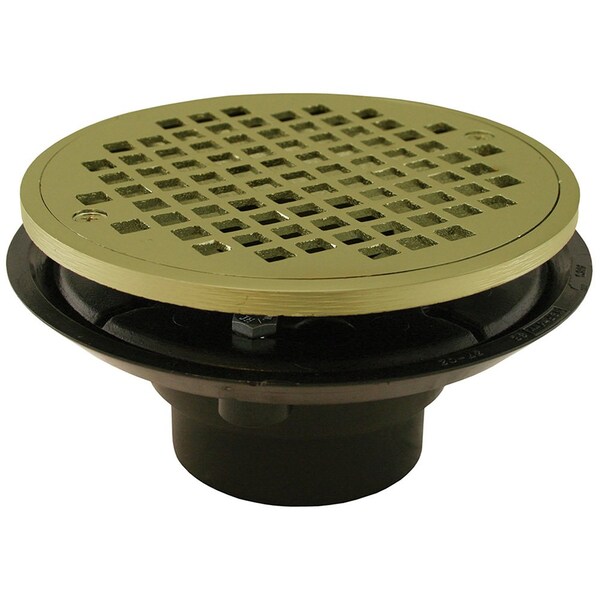 Jones Stephens 2in. x 3in. ABS Shower Drain with 2in. Brass Spud and 6in. Round Polished Brass Strainer D50832 - main